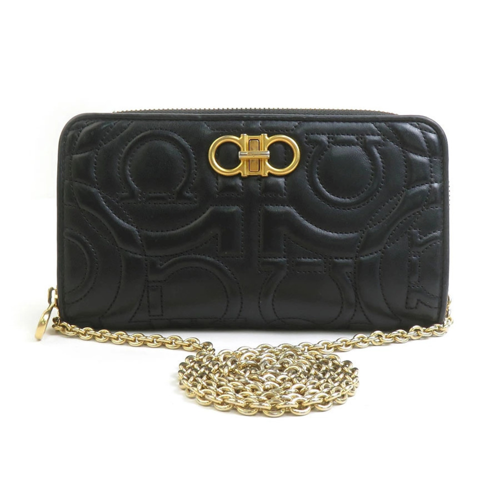 Salvatore Ferragamo Chain Wallet Gancini Leather Black